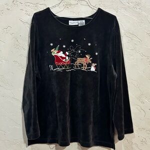 White Stag Plus Black Velour Christmas Shirt with Santa & Reindeer sz 18W/20W